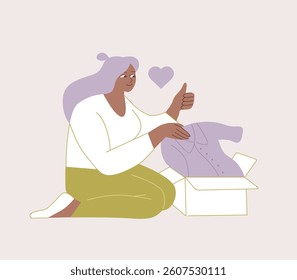 Online Shopping Success: Happy Woman Receiving a Perfect Product from an Order. Flat vector illustration