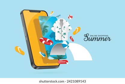 Online-Shopping im Sommer, Kokosnussbaumhemd oder weißes Hawaiian Shirt kommt aus einem Smartphone und Empfangspapier strömt nach dem Druck der Bestellung unten, Vektor 3d für Sommerverkauf