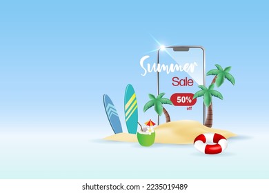 Online shopping, summer sale travel promotion campaign on smartphone with tropical beach palm trees island, surfboard, swim ring and coconut drink. 3D vector for template, advertising, brochure.