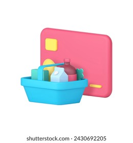 Online shopping supermarket food basket buying with credit debit card 3d icon realistic vector illustration. Shop store purchase banking payment commercial financial e money market sale service