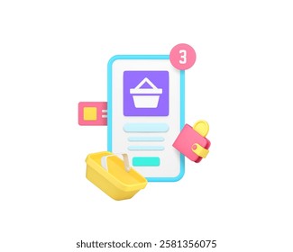 Online shopping supermarket marketplace smartphone application 3d icon realistic vector illustration. Internet store shop market order purchase buying business commercial retail mobile phone app