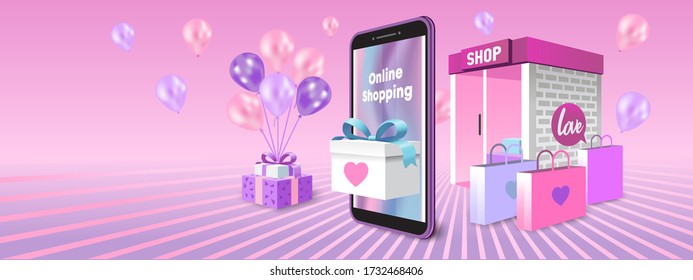 online shopping, sweet love concept, mobile gifts bags and balloons on pink blackground