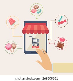 Online shopping at a sweet store concept with a man reaching for a storefront icon and shopping cart on a virtual interface surrounded by icons depicting various sweets, cake, lollipops and chocolate