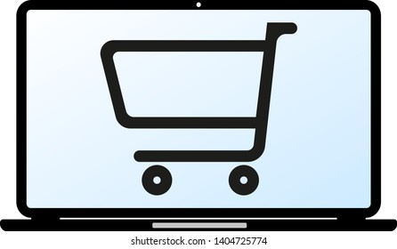 online shopping symbol or icon with shopping cart on laptop computer vector illustration