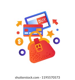 Online shopping symbols, female bag, credit card and tablet PC, e-commerce concept vector Illustration on a white background