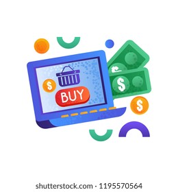 Online shopping symbols, money and laptop computer, e-commerce concept vector Illustration on a white background