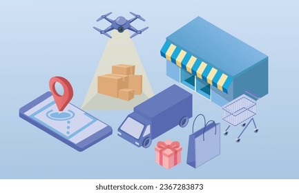 online shopping system.on blue background.3D design.isometric vector design Illustration.