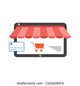 Online shopping with tablet flat icon vector illustration. 