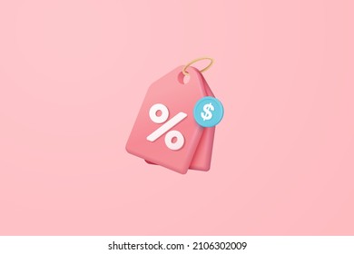 Online Shopping Tag Price 3d Render Vector, Discount Coupon Of Cash For Future Use. Sales With An Excellent Offer 3d For Shopping Online, Special Offer Promotion On 3d Price Tags On Pink Background
