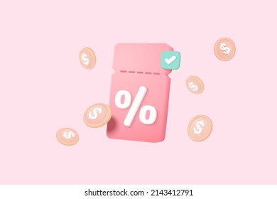 Online Shopping Tag Price 3d Render Vector, Discount Coupon Of Money For Future Use. Sales With An Excellent Offer 3d For Shopping Online, Special Offer Promotion On Price Tags On Pink Background