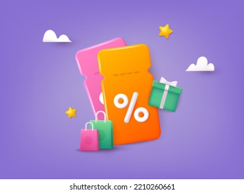 Online shopping tag price 3d render vector, discount coupon of cash for future use. Special offer promotion on 3d price tags. 3D Web Vector Illustrations.