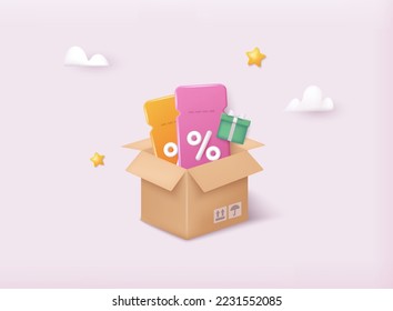 Online shopping tag price 3d render vector, discount coupon of cash for future use. Special offer promotion on 3d price tags. 3D Web Vector Illustrations.