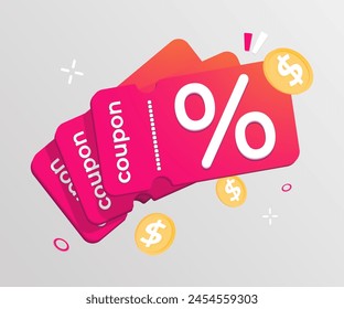 online shopping tag price 3d render vector, discount coupon of cash for future use. sales with an excellent offer 3d for shopping online, Special offer promotion on price tags on white background