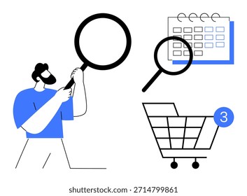 Online shopping, task management, product research, order tracking, e-commerce marketing, retail planning. Person using magnifying glass, shopping cart calendar. Online shopping and task management