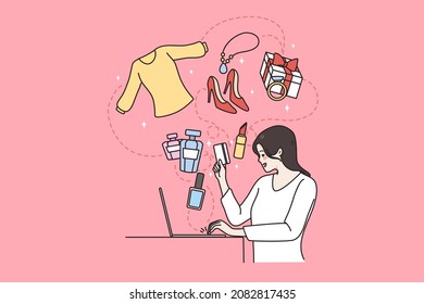 Online shopping and technologies concept. Young smiling woman sitting at laptop shopping online buying clothes and beauty things vector illustration 