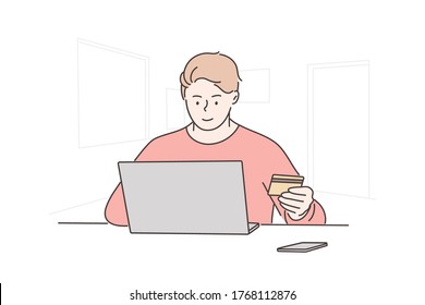 Online, shopping, technology, business concept. Young happy man boy freelancer cartoon character sitting with laptop and holding plastic deposit card. Remote tax payment on lockdown illustration.