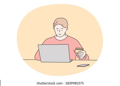 Online shopping, technology, business concept. Young happy man freelancer sitting with laptop in office or home and holding plastic deposit card. Online investment and financial ecommerce illustration