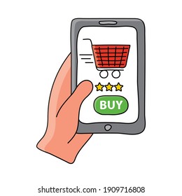 online shopping technology with buyer hand and cart in smartphone vector illustration design