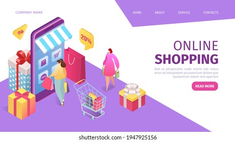 Tecnología de compras en línea, las personas planas usan el concepto de aplicación para smartphones ilustración vectorial. Tienda de negocios móvil en Internet, personaje de mujer