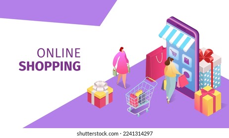 Online shopping technology, flat people use smartphone app concept vector illustration. Mobile business store in internet, man woman charcater