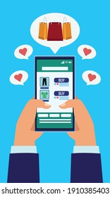 tecnología de compras en línea con manos usando el diseño de ilustraciones vectoriales de smartphones y bolsas