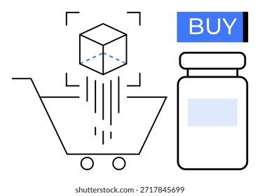 Compras on-line, integração de tecnologia, comércio eletrônico, produtos digitais, varejo virtual, sistemas de compras. Carrinho de compras com cubo virtual e botão Comprar exibido. Comércio eletrônico e produtos digitais