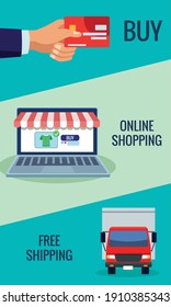 online shopping technology in laptop with credit card and truck vector illustration design