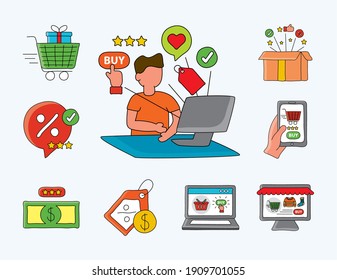 online shopping technology with man using desktop and set icons vector illustration design