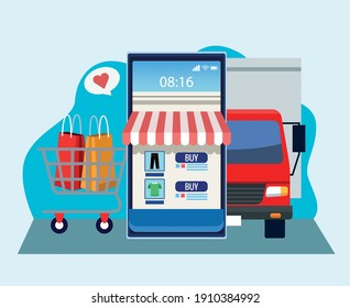 online shopping technology with smartphone and delivery truck vector illustration design
