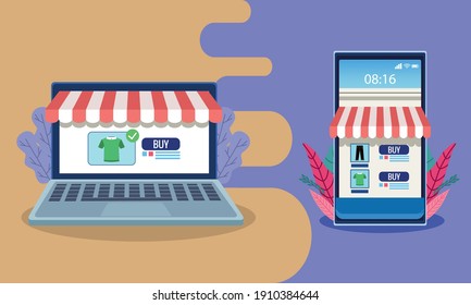 online shopping technology in smartphone and laptop vector illustration design