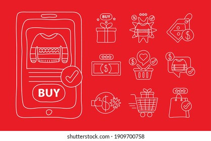 tecnología de compra en línea con smartphone y set iconos diseño de ilustración vectorial