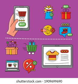 online shopping technology with smartphone and tablet set icons vector illustration design