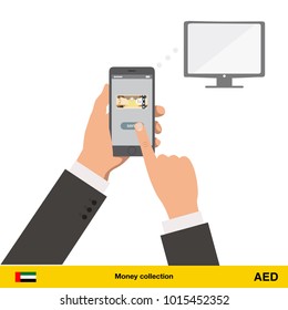 Online shopping for television. Dirham banknote. E-commerce platform concept vector illustration.