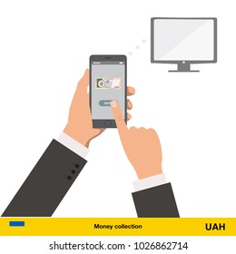 Online shopping for television. Hryvnia banknote. E-commerce platform concept vector illustration.