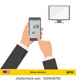 Online shopping for television.  Ringgit banknote. E-commerce platform concept vector illustration.