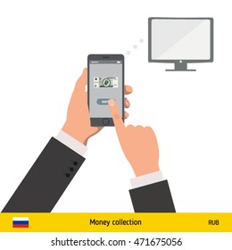 Online shopping for television. Russian Ruble banknote. E-commerce platform concept vector illustration.