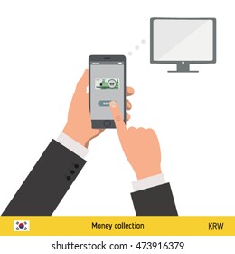 Online shopping for television. South Korean won banknote. E-commerce platform concept vector illustration.