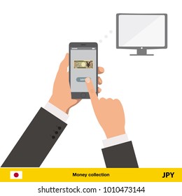 Online shopping for television. Yen banknote. E-commerce platform concept vector illustration.