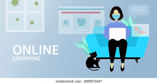 Online shopping template concept vector design.working from home.quarantine from coronavirus.the lady put mask and sitting on sofa.black cat sitting on the floor.the window have a Covid-19.lady typing