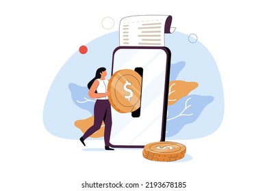 Online Shopping template with man putting dollar coin into slot on smartphone. Concept of application or service for mobile payment, secure transaction. Modern flat vector illustration for webpage
