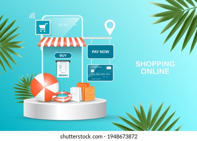 Online shopping template via smartphone application,summer vacation themed illustrations for promotion on shopping web platform,summer sale concept design,vector 3d on blue background