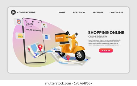 Online Shopping templates service for food and package online shopping delivery service with motorcycle. 3d vector illustration,Hero image for website