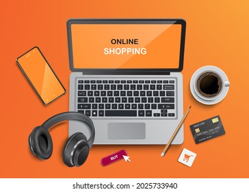 Online shopping templates through applications, smartphones and laptop computers. There are components, credit cards, cart icons, headphones, coffee mugs, pencil,vector 3d on orange background