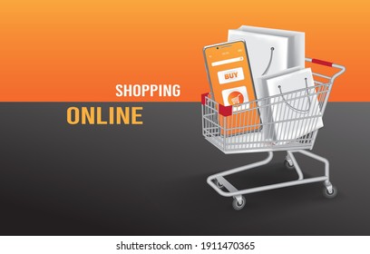 Online shopping templates via smartphone app,Shopping bags and smartphones are placed in the cart for advertising concept design,vector 3d template on orange black background