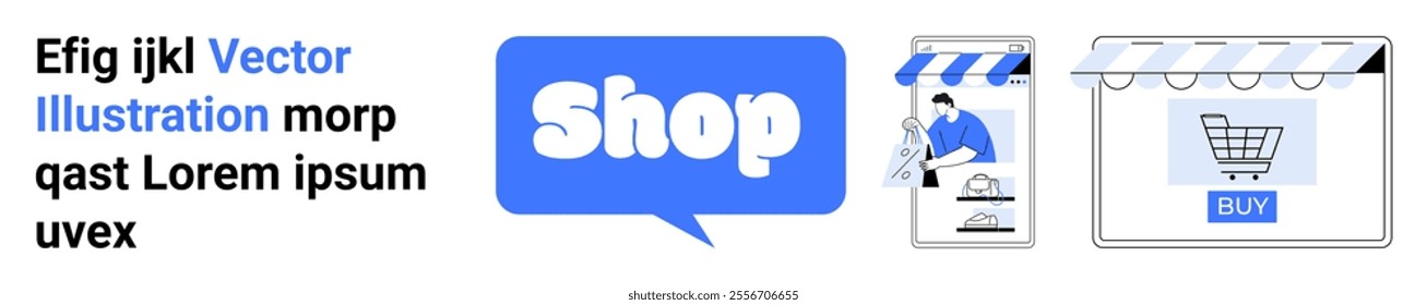 Online shopping theme showing a storefront with an Open sign, a shopping cart icon, and a Shop speech bubble. Ideal for e-commerce, online retail, marketing, digital sales, and website design