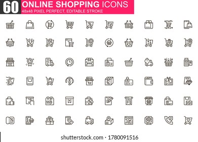 Online shopping thin line icon set. Internet marketplace outline pictograms for website and mobile app. Online order and delivery simple UI, UX vector icons. 48x48 pixel perfect linear pictogram pack.