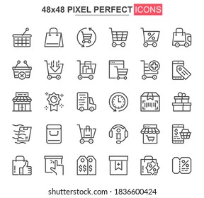 Online shopping thin line icon set. Internet marketplace outline pictograms for website and mobile app. Online order and delivery simple UI, UX vector icons. 48x48 pixel perfect pictogram pack.