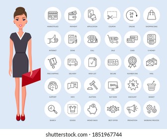 Online shopping thin line icons. Businesswoman with envelope and set of buy icons, interaction methods illustration. Young pretty woman wearing business clothes and outline web icons set for site