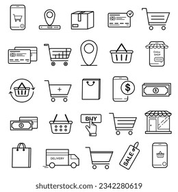 Compras en línea - juego de iconos de vector lineal delgado. Ecommerce, tienda, íconos de venta. Juego de iconos de tienda lineal.