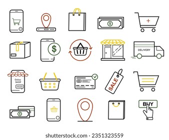 Online Shopping - thin linear vector icon set. Ecommerce, shop, sale icons. Linear shop icon set.